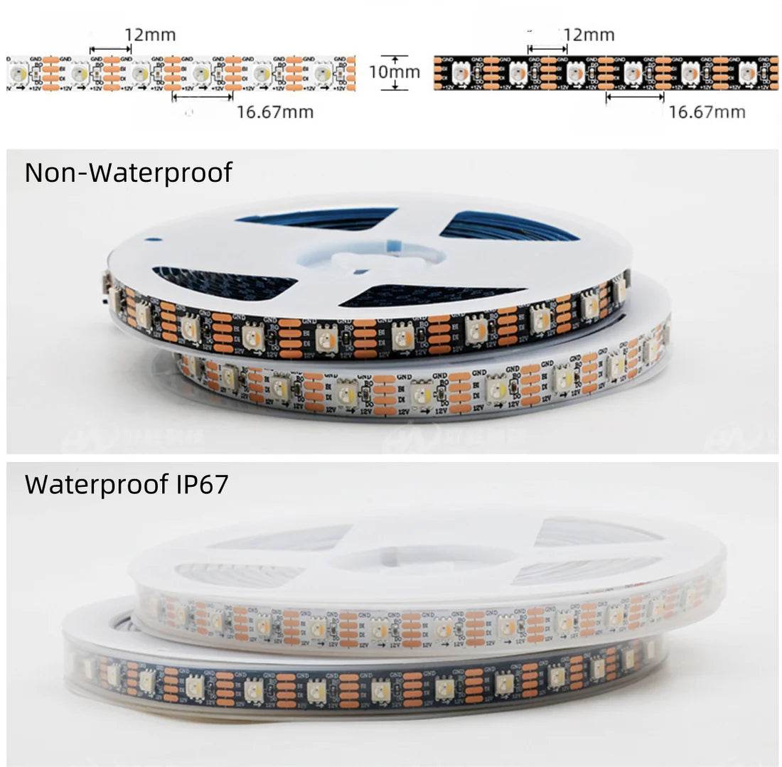 DC12V WS2815 RGBWIC LED Strip Light - 4-In-1 SMD5050 Individually Addressable | RGBW (RGB+6000K) | Breakpoint Resume | 10mm PCB | White PCB | 30/60/96 LEDs/M | IP00 / IP65 / IP67 | for Party, Decoration, Home DIY Lighting Projects | 50/500M