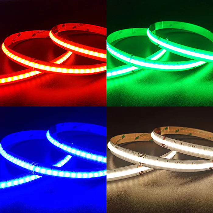 RGBW / RGBWW / RGBCCT COB Flexible LED Strip Light - 12V / 24V | 756 LEDs/m | 12mm PCB | RGB Color Changing | Dot-Free Continuous Lighting | Non-Waterproof | for Cabinets, Kitchen & Office Lighting | 50/500M