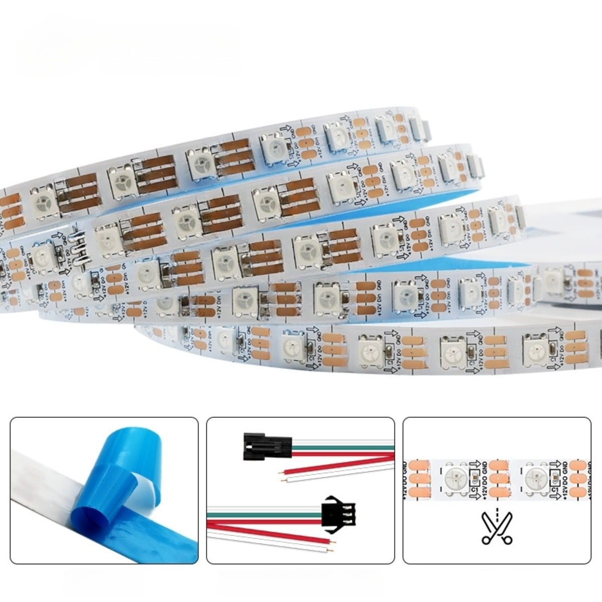 RGBIC LED Strip Light | WS2812 Individually Addressable | SMD5050 RGB | 60 LEDs/M | 5M (16.4FT) Roll | 12V DC | White PCB | IP00/IP65/IP67 Options | Strip & Kit Packages
