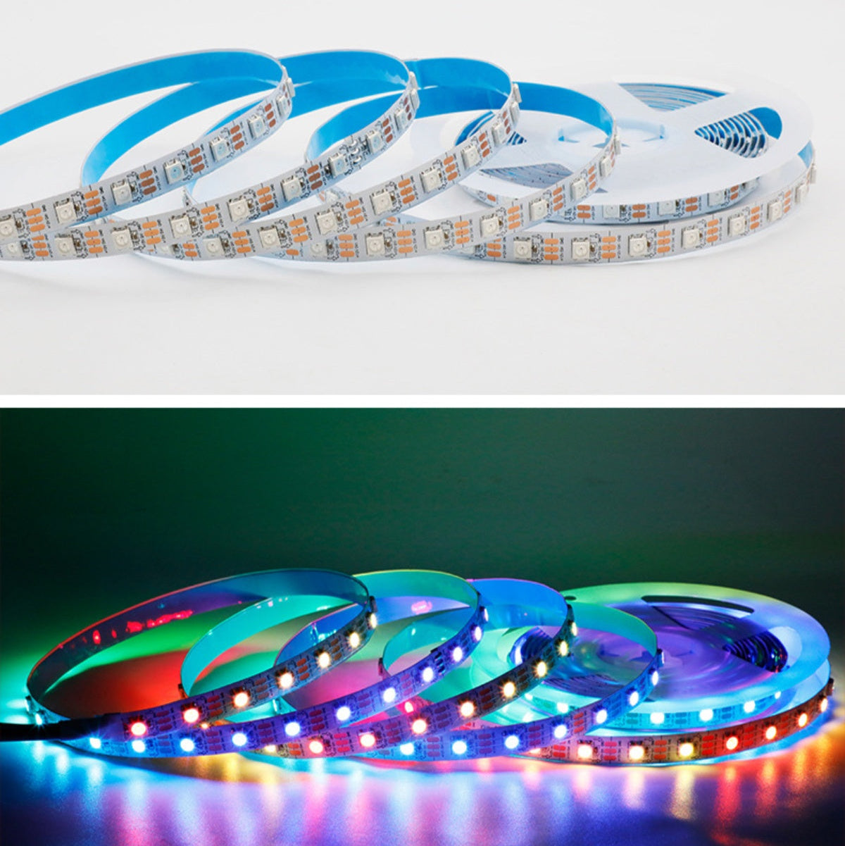 RGBIC LED Strip Light | WS2812 Individually Addressable | SMD5050 RGB | 60 LEDs/M | 5M (16.4FT) Roll | 12V DC | White PCB | IP00/IP65/IP67 Options | Strip & Kit Packages