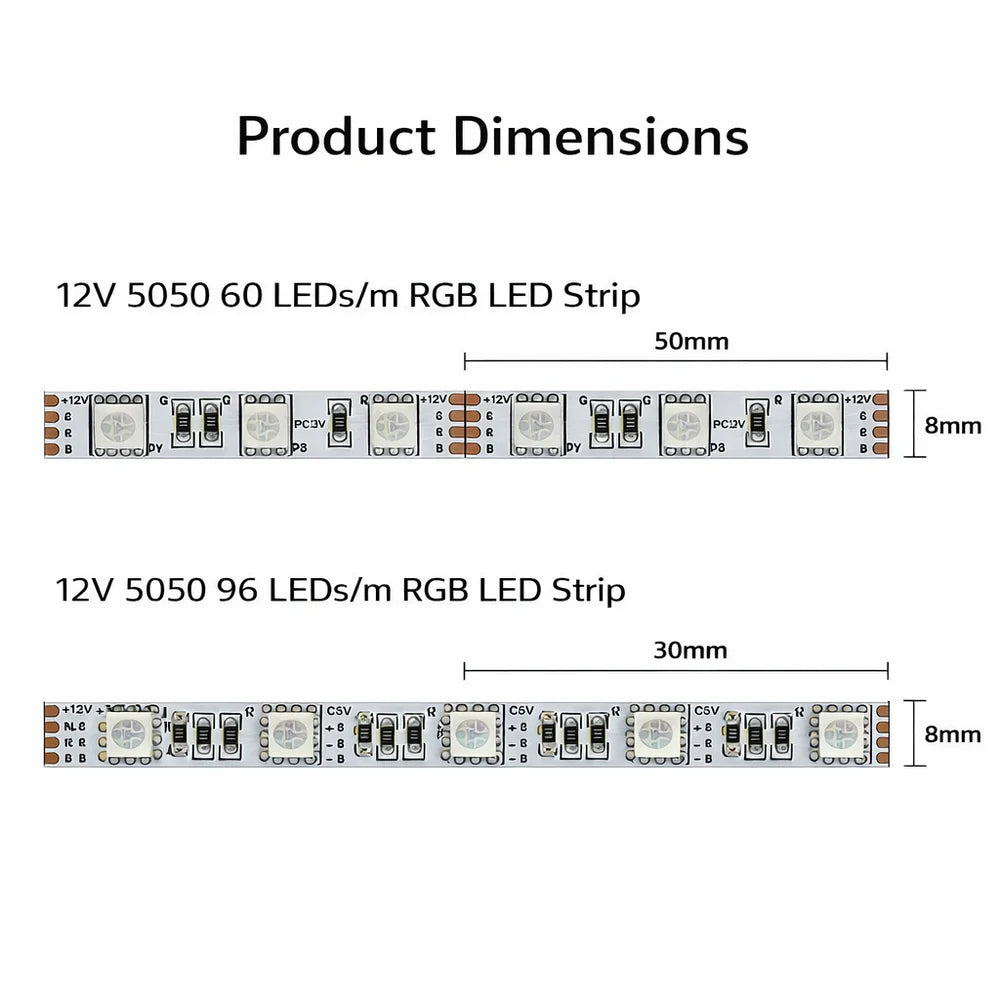 8MM Wide SMD5050 RGB LED Strip Light - DC12V | 8mm PCB | 60 LEDs/M | Non-Waterproof | for Mirror, Kitchen Cabinet, Bedroom | 50/500M