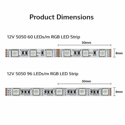 8MM Wide SMD5050 RGB LED Strip Light - DC12V | 8mm PCB | 60 LEDs/M | Non-Waterproof | for Mirror, Kitchen Cabinet, Bedroom | 50/500M